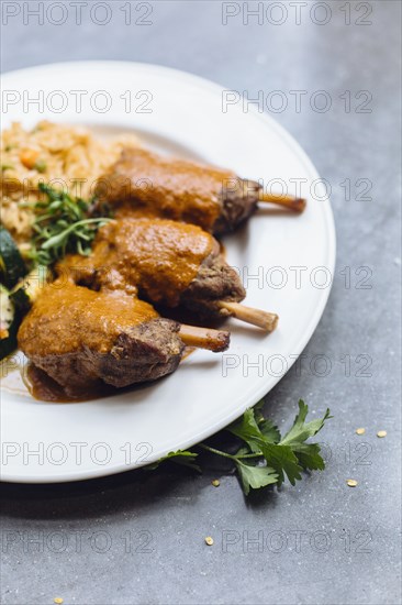 Plate of meat and sauce with vegetables and rice