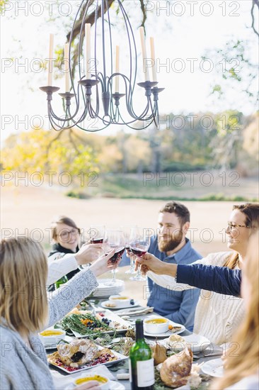 Friends toasting with wine at outdoor table