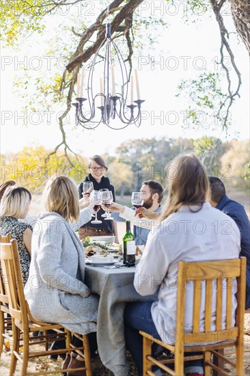 Friends toasting with wine at outdoor table