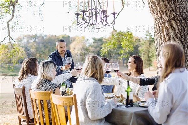 Friends toasting with wine at outdoor table