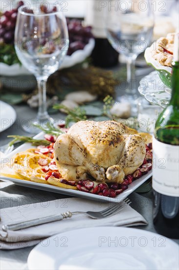 Roast chicken dinner on table