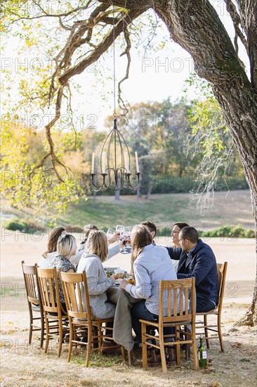 Friends toasting with wine at outdoor table