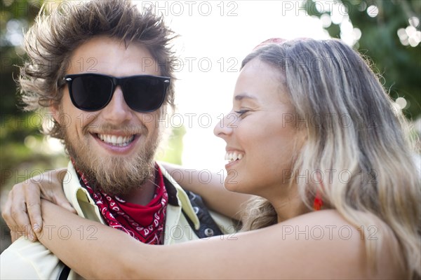 Caucasian couple hugging