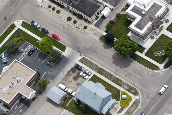 Aerial view of town roads and buildings