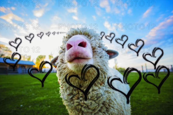 Illustrated hearts around sheep in field