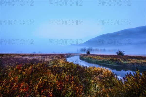Fog over river and rural landscape