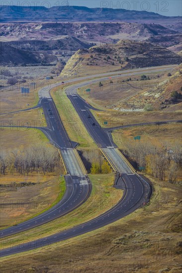 Aerial view of freeway in rural landscape