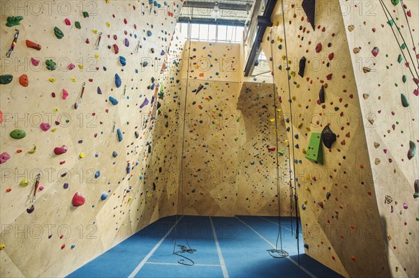 Belay ropes hanging near indoor rock wall