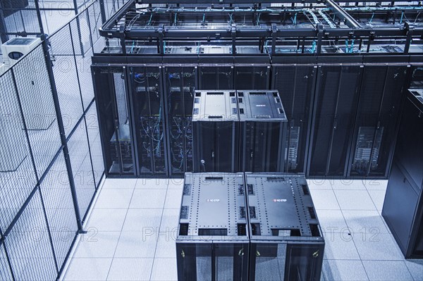 High angle view of technology in server room