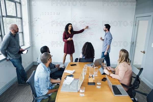 Business people using whiteboard in meeting