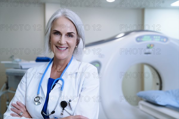 Portrait of smiling Caucasian doctor near scanner