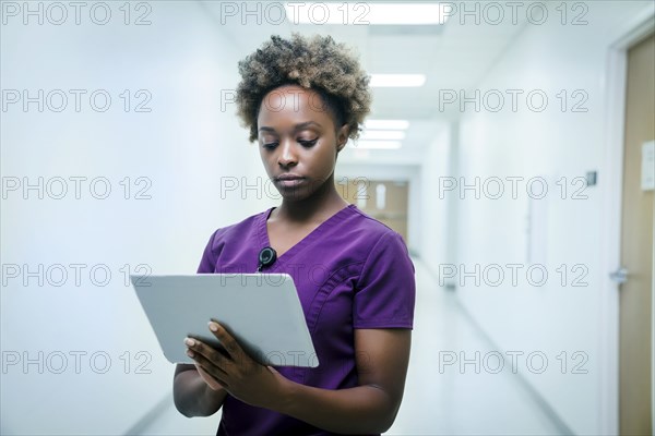 Black nurse using digital tablet in hospital