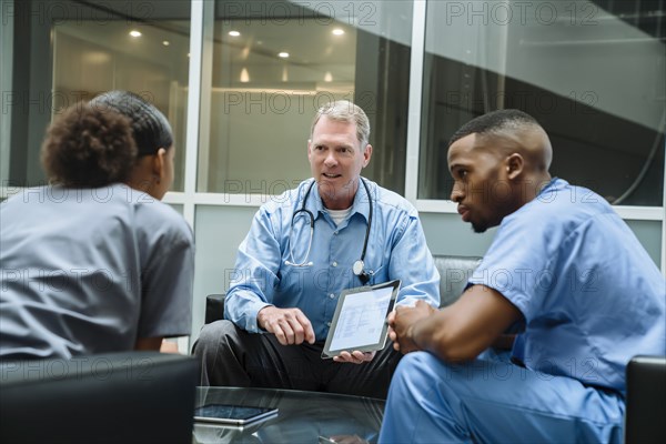 Doctor holding digital tablet talking to nurses in lobby