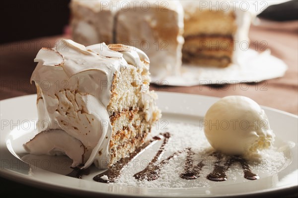 Close up of cake and ice cream on plate