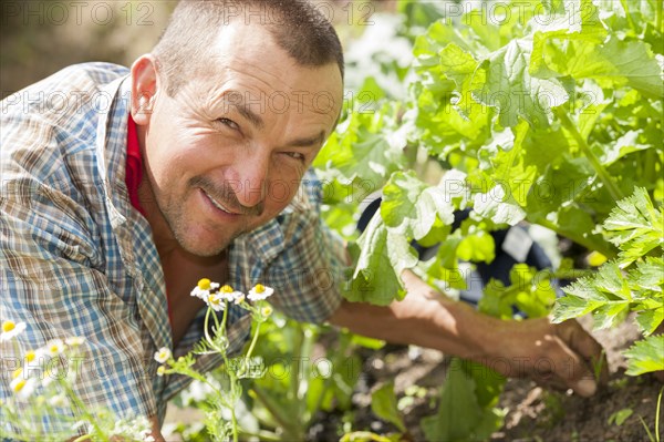 Hispanic man gardening outdoors