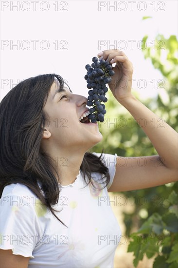 Hispanic woman eating red grapes in vineyard