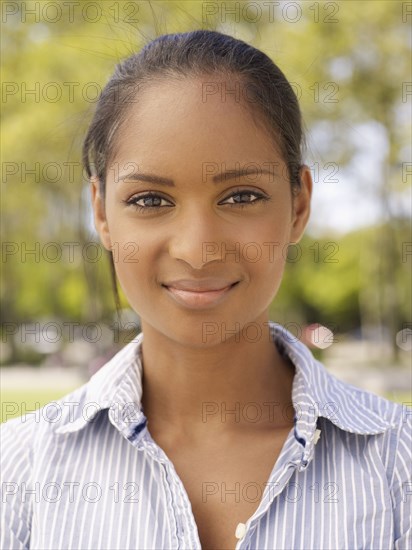 Close up of confident mixed race woman