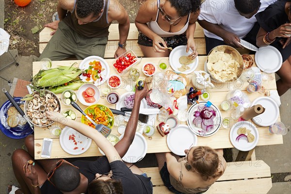 High angle view of friends enjoying backyard barbecue