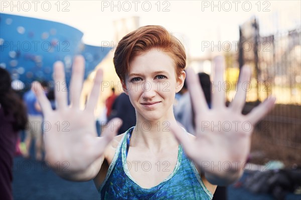 Caucasian woman showing palms of hands