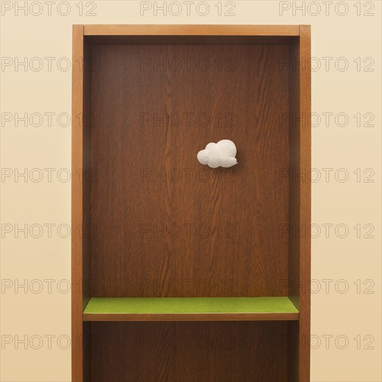 Cloud floating in empty bookshelf