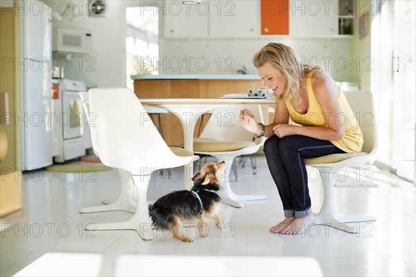 Caucasian woman giving dog treat in dining room