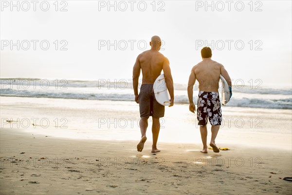 Men carrying surfboards on beach