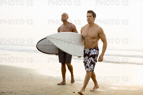 Men carrying surfboards on beach