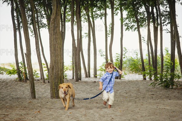 Boy walking dog on wooded beach