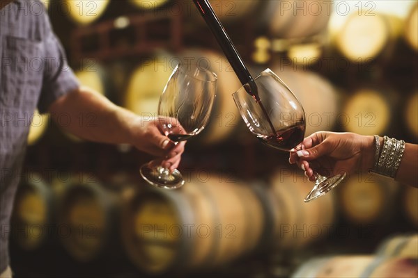 Caucasian couple tasting wine in cellar