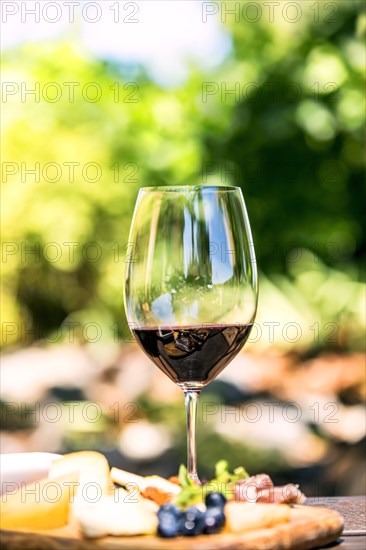 Glass of wine with cheese and meat board