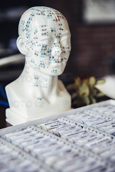 Close up of homeopathic medicine and carved bust with acupuncture diagram