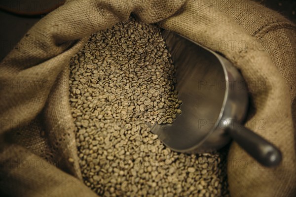 Close up of sack of raw coffee beans