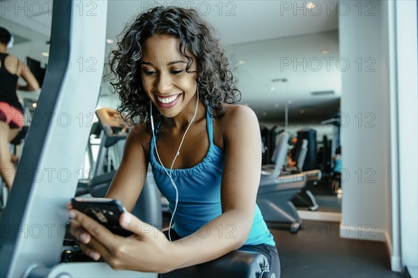 Woman listening to earbuds in gymnasium