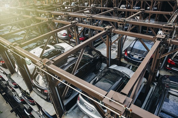 High angle view of cars parked in elevated garage