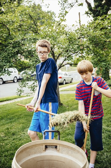 Caucasian brothers raking leaves in front lawn