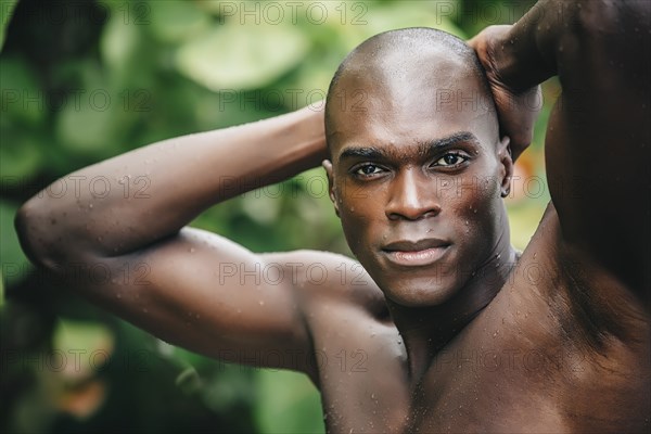 Black man standing in lush garden