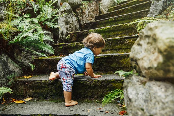 Mixed race baby boy climbing staircase