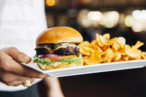 Caucasian waiter carrying cheeseburger and chips in cafe