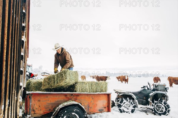 Caucasian farmer hauling hay near snowy barn