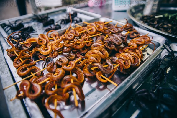 Skewered snakes cooking on grille