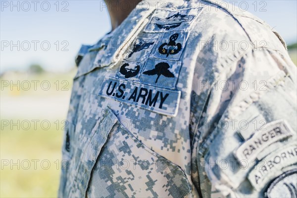 Patches on uniform of Black soldier