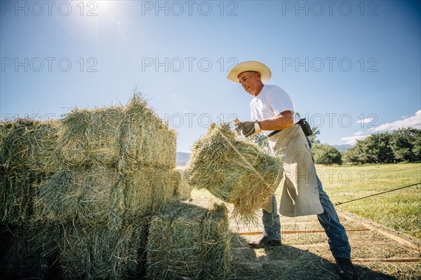 Caucasian farmer lifting bale of hay