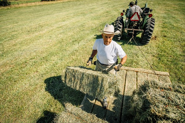 Caucasian farmer lifting bale of hay