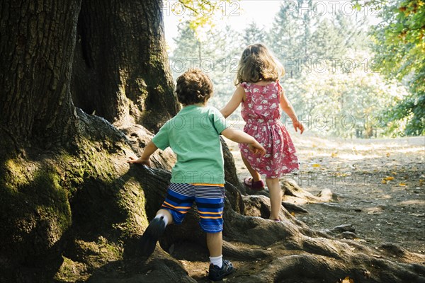 Caucasian brother and sister walking on tree roots