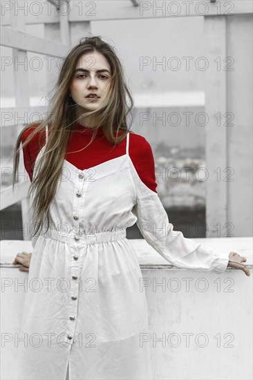 Wind blowing hair of Caucasian woman