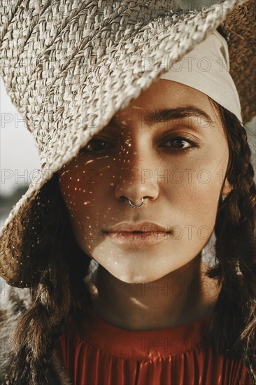 Close up of Caucasian woman with nose ring