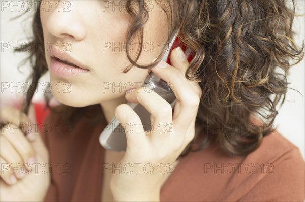 Close up of woman talking on mobile phone