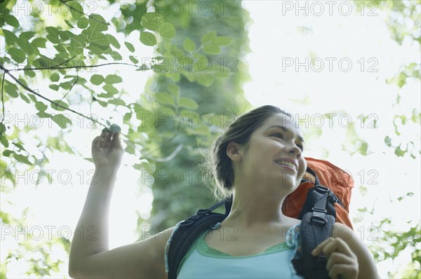 Looking up at a female hiker in a forest