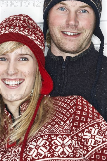 Caucasian couple wearing winter hats