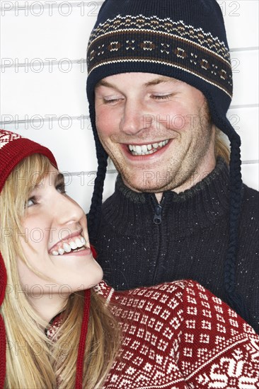 Caucasian couple wearing winter hats